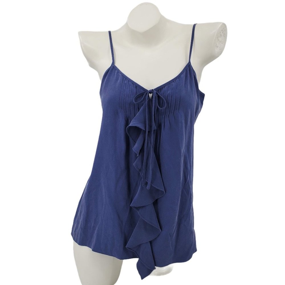 Tibi Blue Silk Ruffle Front Tie Neck Camisole